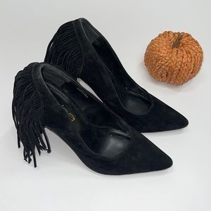 bebe Black Pointed Toe Heels with Fringe Ankle Shoes Y2K Pumps Party Club Shoe
